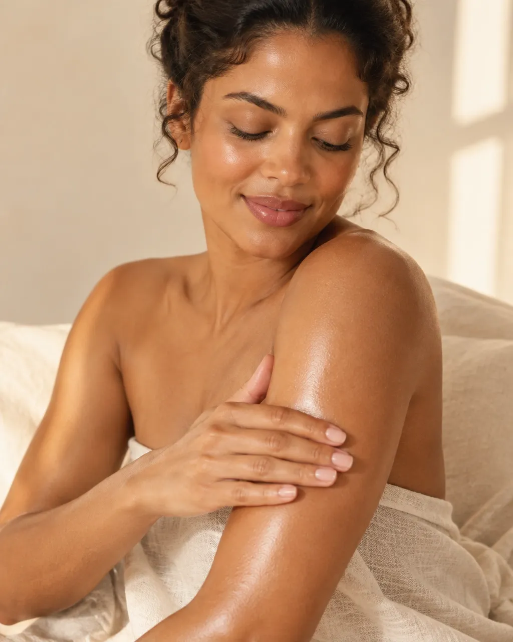 Modelo aplicándose aceite corporal en el hombro, con piel luminosa y gesto natural